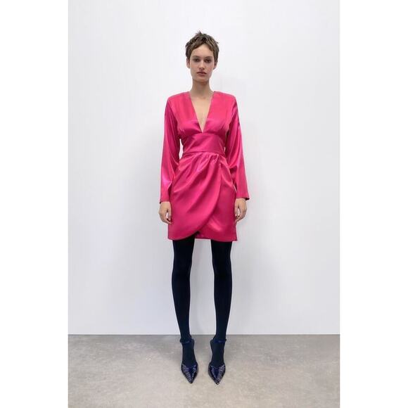 Zara Laminated Mini Dress Long Sleeves Plunge Neck Satin Fuchsia Pink Small - Picture 1 of 9